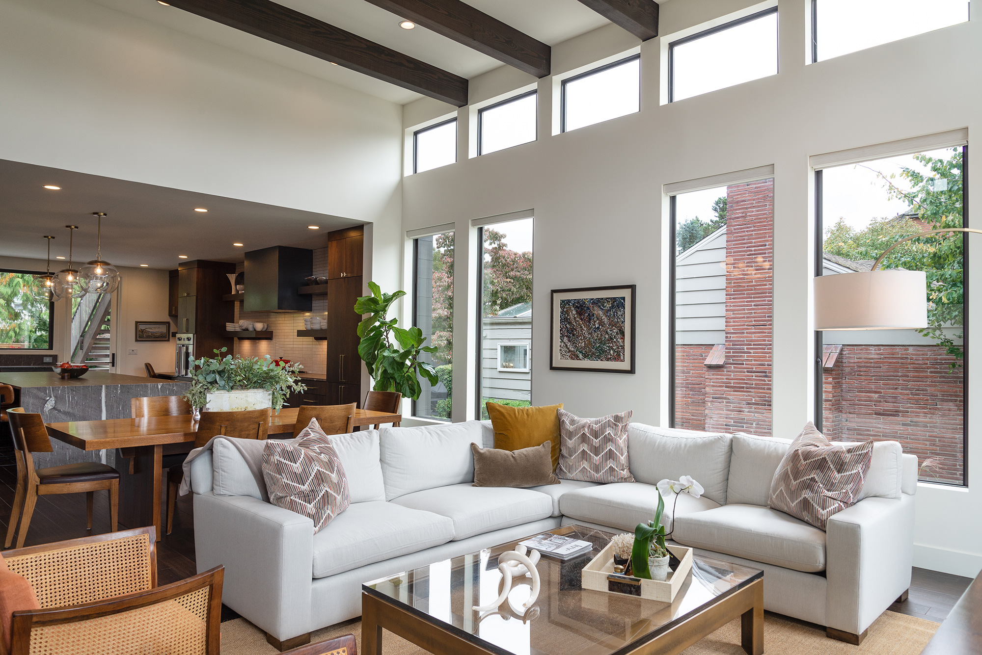 Spacious living room with high ceilings