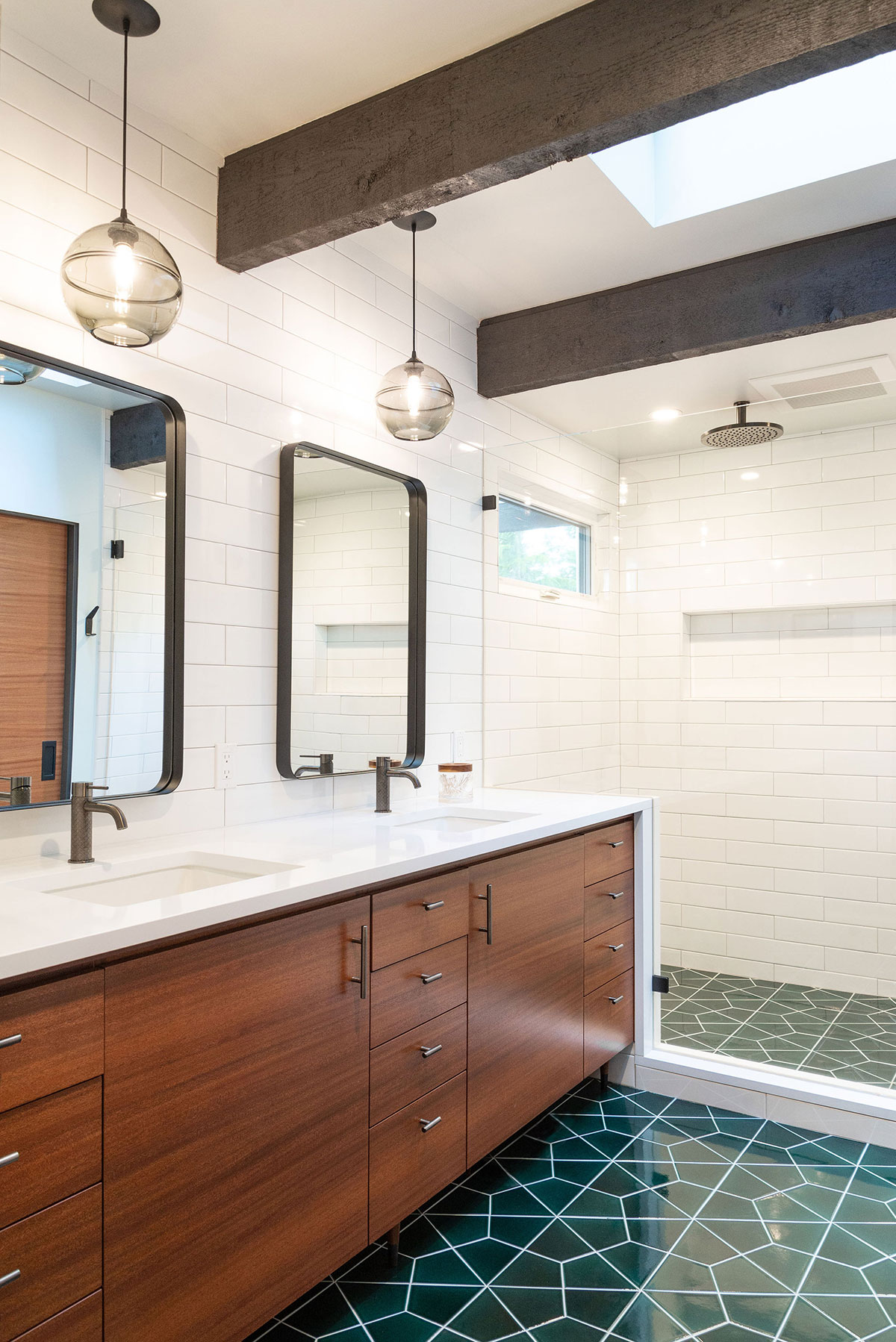 Modern bathroom, elegant tile, exposed beams, natural light