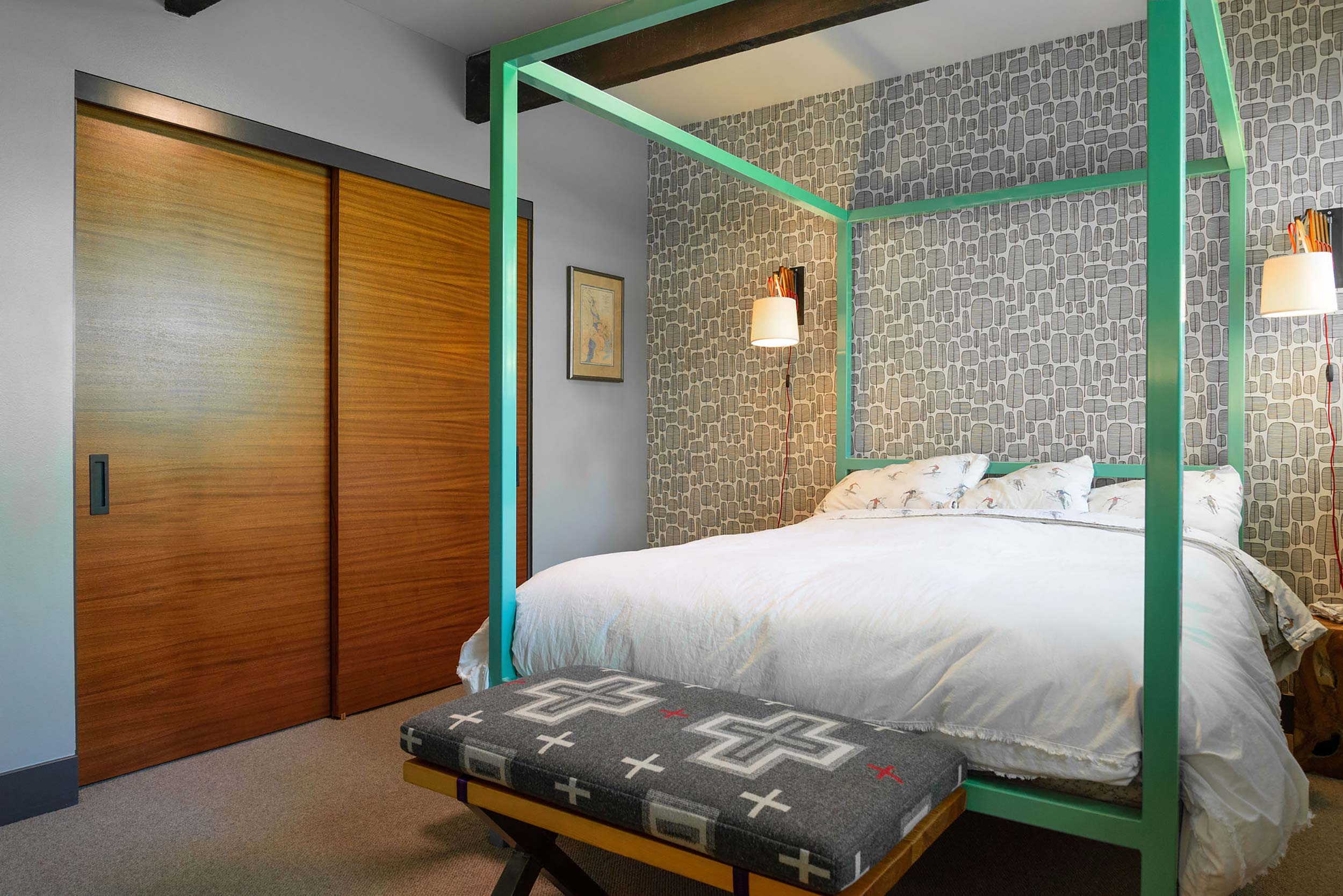 Modern bedroom, exposed beams, elegant wallpaper